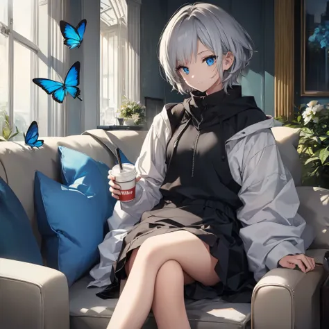 (((1 person　gray hair　sit on the sofa　crossing your legs　blue eyes)))　((high resolution　short hair　hoodie　black skirt　rin々funny ...