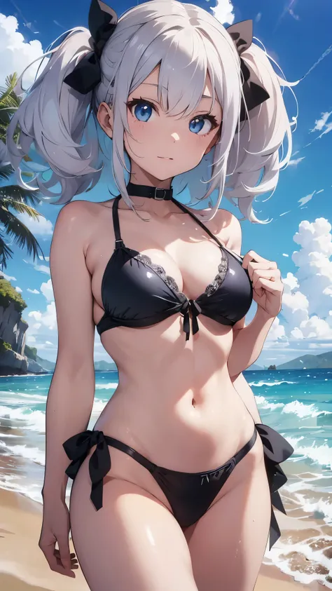 White-haired girl drawn in high resolution Japanese anime style、whole body、Women in blue bikinis taking photos on a deserted beach, model bikini, , Young and cute gravure idol, Posing together in bras, Russian and Japanese mix, sakimichan, Asian woman, Wea...