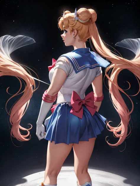 Charlie Bowater sketches realistic lithograph tsukino usagis portraits, 1girl,solo, flowers,  tiara, sailor senshi uniform,  sailor collar, blue skirt, jewelry, hairpin, v, bow, hair_bun, brooch, hand on hip, gloves, earrings, magical girl, ribbon, diesel ...