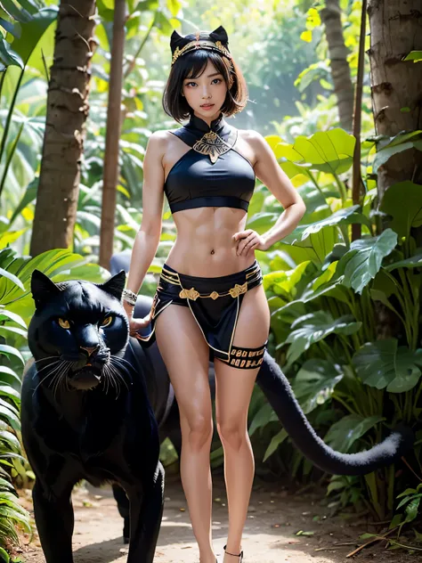 1 teen borneo native girl, (skinny abs), wearing tribal headdress and hunting gear, hero pose standing with big angry black pant...