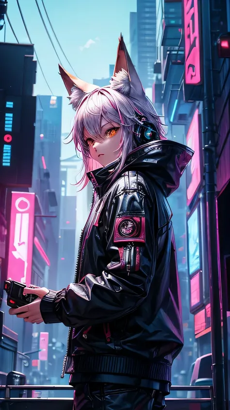 Fox cute, cyberpunk background