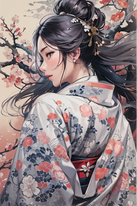 Wait warrior sexy, pretty face, Delicious Company, Alluring figure, Wearing a sexy open kimono. The artwork is created in a medium reminiscent of Japanese ink paintings....., Features bold brushstrokes and a Monochromatic color palette. Artist&#39;Masterfu...