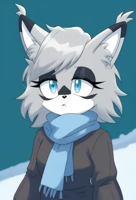 (1girl), (solo), female lynx, light gray fur, short hair, large hair bang, side locks, hair over shoulders, light blue eyes, (li...