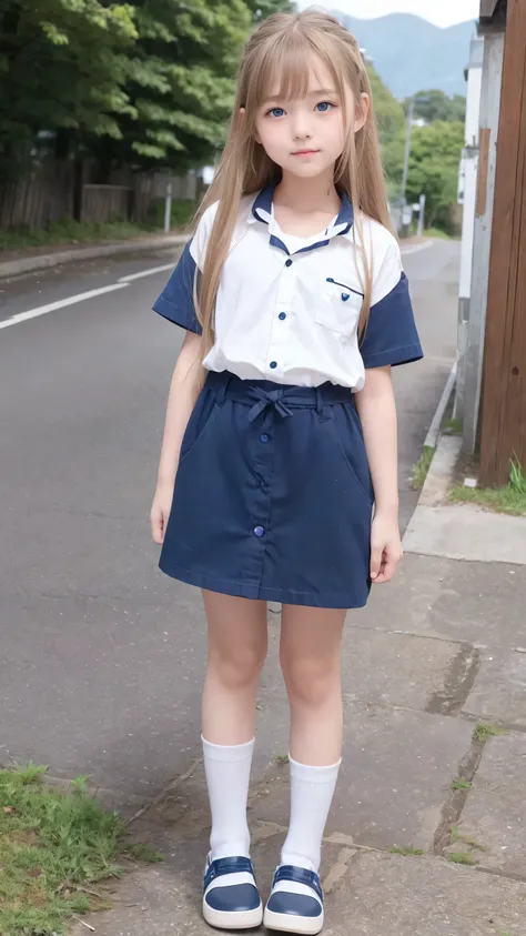 Cute Girls、11 years old、Long Hair、Natural Blonde Hair、Blue Eyes、whole body、Standing straight and facing forward、smile、Camera front、Bangs between the eyes