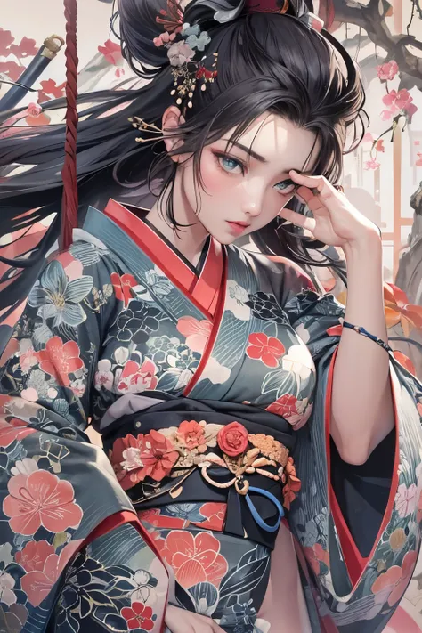 Wait warrior sexy, pretty face, Delicious Company, Alluring figure, Wearing a sexy open kimono. The artwork is created in a medium reminiscent of Japanese ink paintings....., Features bold brushstrokes and a Monochromatic color palette. Artist'Masterfu...