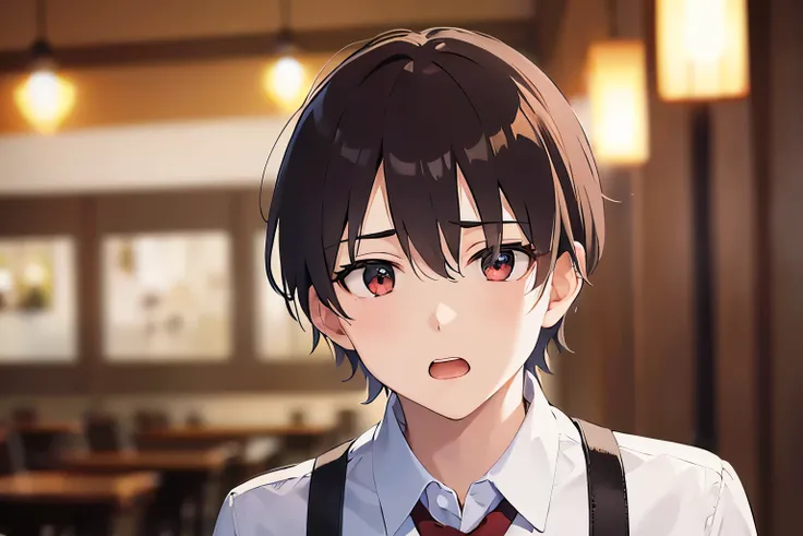 close up of your face、(looking away:1.5), upper body、shiny skin、masterpiece、Highest quality、(25-year-old male:1.5) and (mahogany brown short hair) and (red eyes), (gray collared shirt)、Are standing、(surprised:1.3), open mouth, The background is the interio...