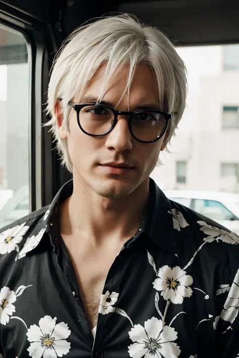 Anime image of a white-haired man wearing black glasses and a floral shirt.