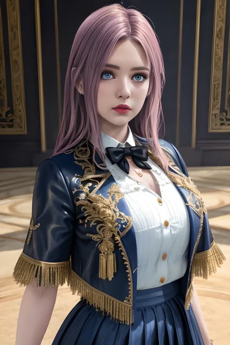 1girl,The upper body is a dark blue short-sleeved suit jacket, paired with a white shirt and a black tie. The jacket is decorated with white stripes, which adds a sense of fashion and layering. The lower body is a dark blue skirt that matches the jacket, ,...