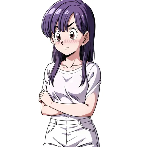 bloomers, cell saga, semi-long hair, purple hair, no bangs, brown eyes, one girl, alone, cross your arms, white shirt, white pan...