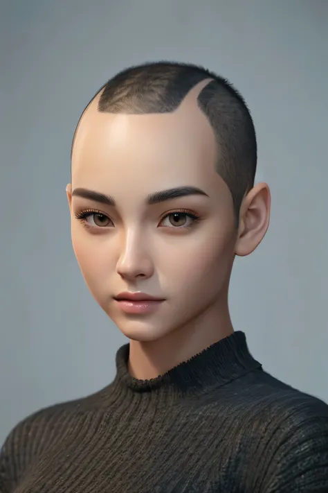 masterpiece, pretty asian girl, very detailed face,  render, style photos, (((just the head)), bald, swag,no makeup, realistic