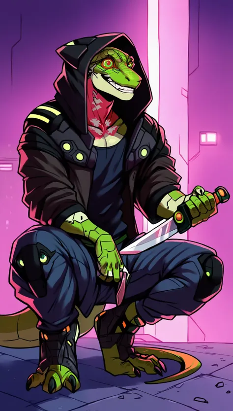 score_9, score_8_up, score_7_up, (cyberpunk, dark night, underground dark room background), (trash, ((lizard:1.2), anthro, male, solo, ((crazy smile, holding knife)), (Squatting, on their haunches), ((wearing cyberpunk style black clothes, hood, hoody, pan...