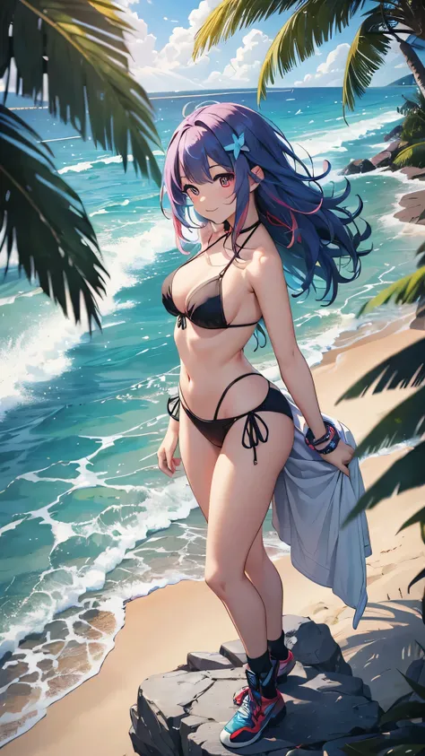 Highest quality、Highest quality、Masterpiece、girl((20-year-old、as soon as、Highest Bust、Medium Bust、Wide open chest、Red glowing eyes、Light Blue Hair、Disheveled Hair、Loincloth、thin、The best valley、Open chest、Full body view、Colorful Bikini、Smile、Leaning forwar...