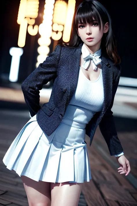 1girl,The upper body is a dark blue short-sleeved suit jacket, paired with a white shirt and a black tie. The jacket is decorated with white stripes, which adds a sense of fashion and layering. The lower body is a dark blue skirt that matches the jacket, ,...