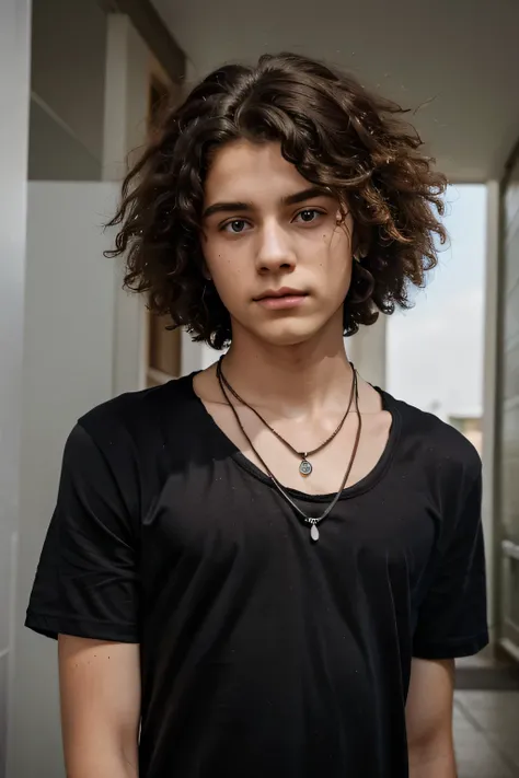 borwn_hair ; permed_hair ; blue_eyes ; plain_black_t-shirt ; iron_necklace ; adolescent ; boy ; white_man_with_afro_hair