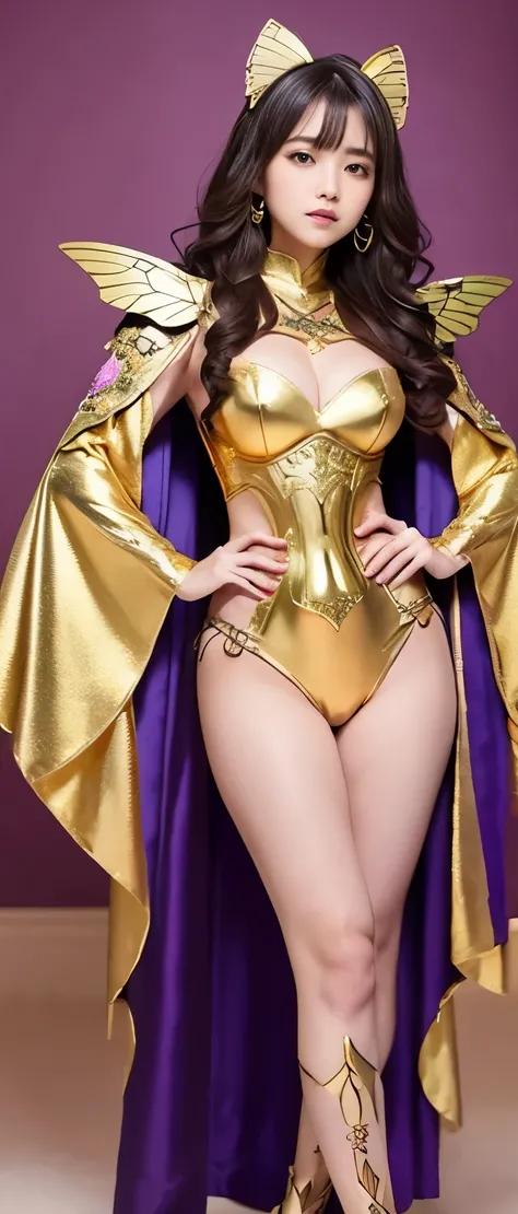 Tall cute idol knight girl、whole body、Good style、、、、、、、、、、Tanned thick legs、、Gold and purple armor suit（Butterfly embroidery、Passionate Winged Cape）、、Neat and clean idol face、Colorful wavy hair、