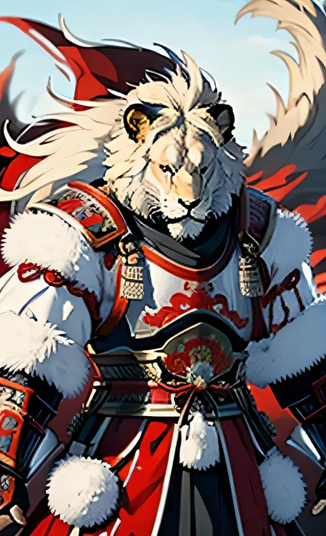 brave, great and noble lion samurai warrior,(whole body white fur), wearing very detailed red samurai armor,he wears a red mask ...