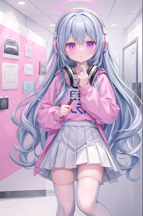 ，white knee socks，light blue long hair，pink and white sweatshirt，pink eyes，blue headphones，the character stands，role display pic...