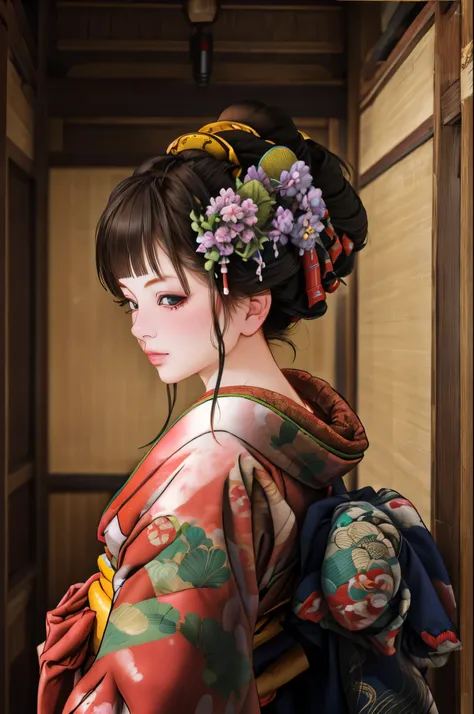 1 girl, alone, oiran, maiko, country, looking at the audience, short hair, brown eyes, brown hair, black hair, hair ornaments, u...