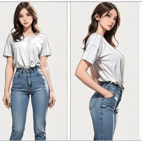 Detailed character sheet, Front view, Side view, Diagonal view, with a white returnground, show women, 30 years old, with short dark brown hair combed return, Wearing light casual clothing, Wearing tight denim jeans. The seat includes different angles, Fro...