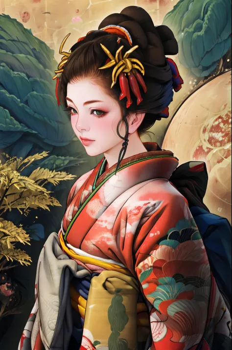 1 girl, alone, oiran, maiko, country, looking at the audience, short hair, brown eyes, brown hair, black hair, hair ornaments, u...