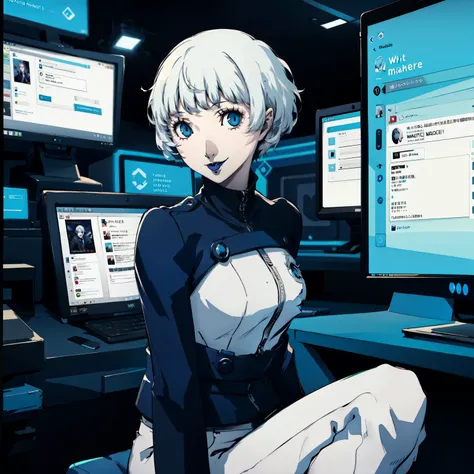 masterpiece, ((best quality)),((1 girl)), blue eyes, black lipstick, white hair, female , tomboy pixie haircut, deep blue suit, ...