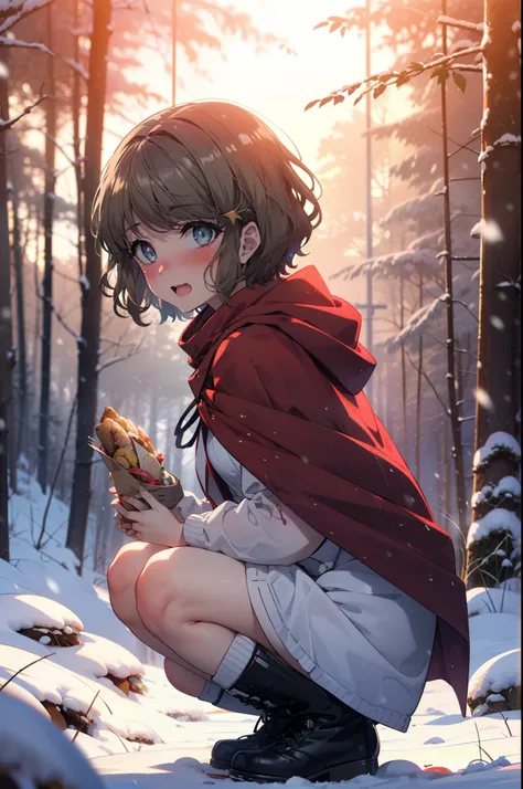 tomoekoga, Chie Koga, short hair, Brown Hair, blue eyes, hair band,smile,blush,White Breath,Medium Chest,
Open your mouth,snow,Ground bonfire, Outdoor, boots, snowing, From the side, wood, suitcase, Cape, Blurred, having meal, forest, White handbag, nature...