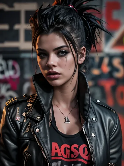 realistic, highly detailed, one ultra hot gorgeous European punk girl. Age 23. with baseball bat, standing in a dark alley, grungy urban environment, moody lighting, dramatic shadows, intense expression, spiked hair, ripped clothing, combat boots, graffiti...