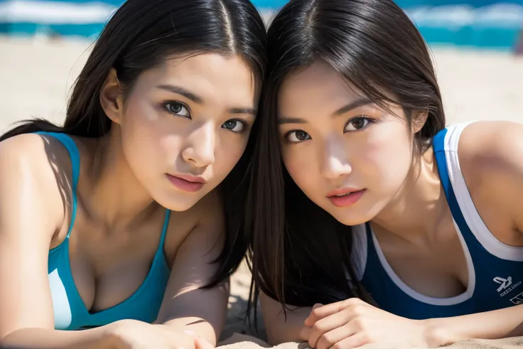 RAW Photos, Realistic:1.4, Two beautiful Japanese women playing beach volleyball, Very detailed eyes and face, Beautiful details in the eyes, Large file size, Very detailedな, High resolution, Very detailed, Highest quality, masterpiece, 8K, wonderful, Fine...