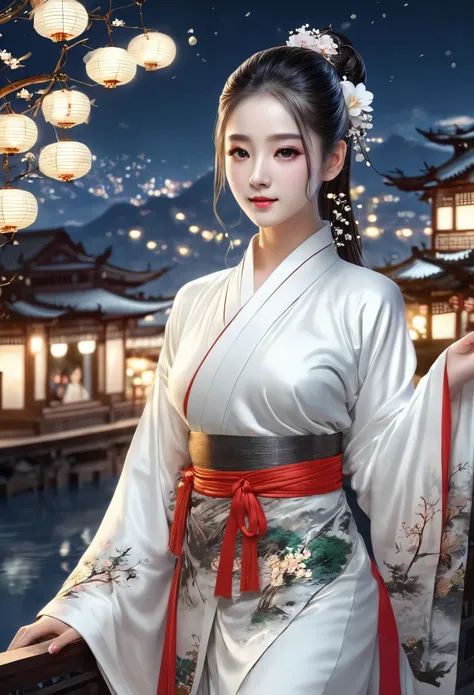 best quality, masterpiece, highres,, 1girl, Detailed face, (Upper body:1.6), Cyber cities, mountains and rivers, night, firefly lights, Realistic, rich in detail, (White hanfu:1.2), (beautiful body:1.4),