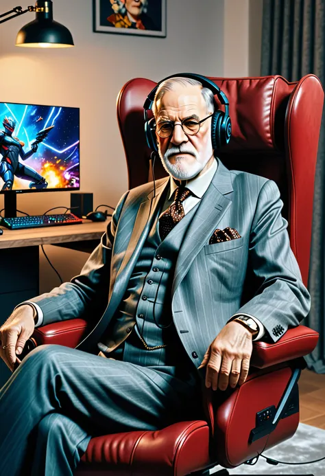 Masterpiece, hi res, absurdres Best Quality, 4K, 8K, detailed, sigmund Freud sitting in a gaming chair wearing gaming headphones, anime pósters on background 