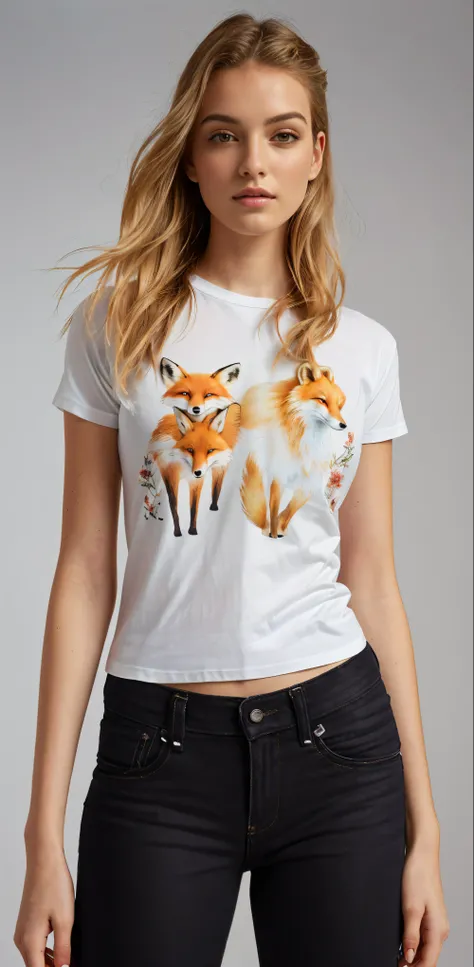 Araffes is wearing a white shirt with a fox and a bear on it, graphic t-shirts, vestindo roupas de fazenda, camiseta, Camiseta, com garotas, printed on a cream linen Camiseta, sardas em garotas, Midsummer - The, with ripped crop camiseta, wearing a Camiset...