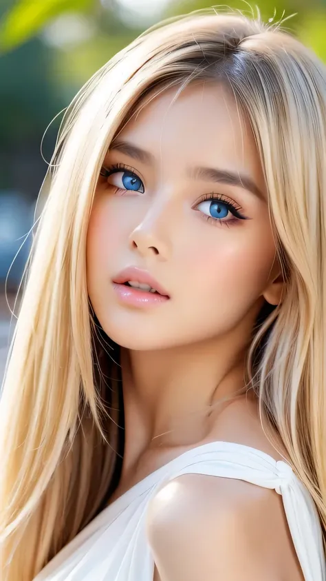 A perfectly beautiful face、Super long messy silky beautiful blonde、Beautiful cute girl 15 years old、Sexy and very beautiful cute face、Beautiful cute sexy bright pale sky blue big eyes、Long beautiful bangs、Very super long beautiful blonde shiny silky hair、V...