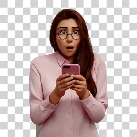 Arafida woman in pink shirt looking at her cell phone, she is holding a smartphone, text and a pale young woman, holding a very advanced phone, checking her phone, background removed, shutter, looking surprised, shocked expression on your face, surprise ex...