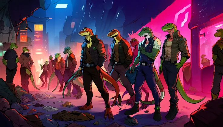 score_9, score_8_up, score_7_up, (cyberpunk, dark night, underground dark room background, trash), 

((lizard:1.2), anthro, male,  many, others, 2others, crowd, gang, (wearing a cyberpunk augmentations, holding weapon [cyber hand, hand blade, cyber claws, ...