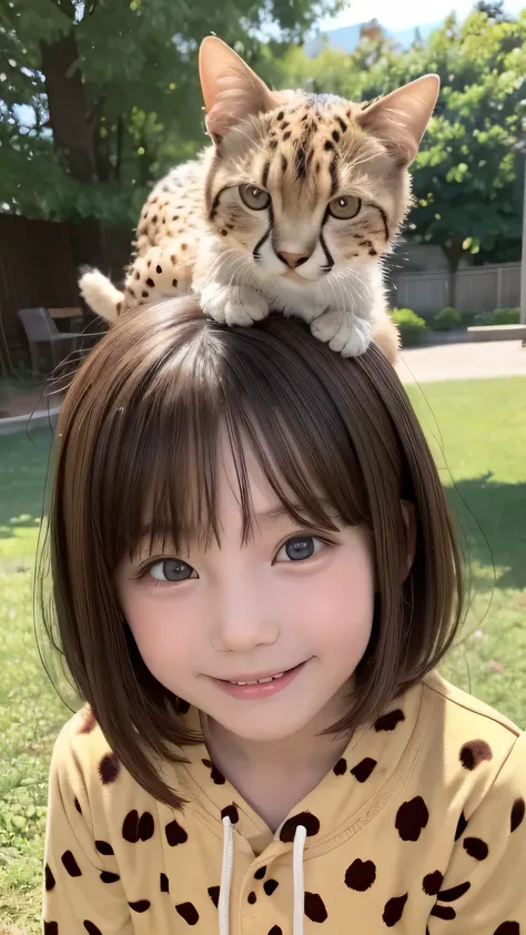 closeup shot , Best picture quality (8K, high resolution, Masterpiece: 1.2), super detailed,  215 Short Hair, 16-year-old woman, 

situation: Scenes playing with children。Wearing a cheetah costume、Providing fun for children。
clothing: Full-body cheetah sui...