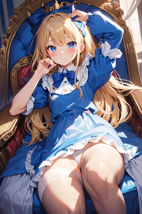 One Girl, alone, Long Hair, blue eyes, Blue aprondress、Alice in Wonderland、bionde, Crown, Sitting, pantyhose, dress, bow, card, apron, hair band, playing card, View your audience, Short sleeve, hair bow, blue hair band, smile, blush, Put your hands on your...