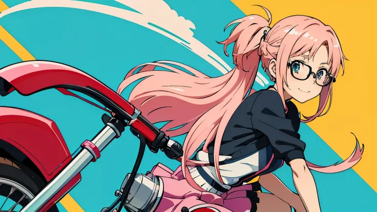 Create an adorable anime-style illustration of a teenage girl with pink hair, wearing a stylish with a mini skirt. She has a playful ponytail and a sweet smile as she confidently straddles a motorcycle. With stylish glasses adding to her charm, she radiate...