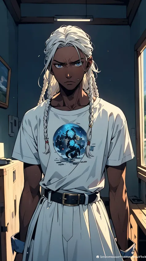 A young man with long white dreadlocks, dark skin, a melancholic expression, drooping eyelids and eyebrows, a lean face, a thin yet sturdy build, a tattered and ill-fitting light blue fantasy-style adventurers shirt with short sleeves, revealing his abs, a...