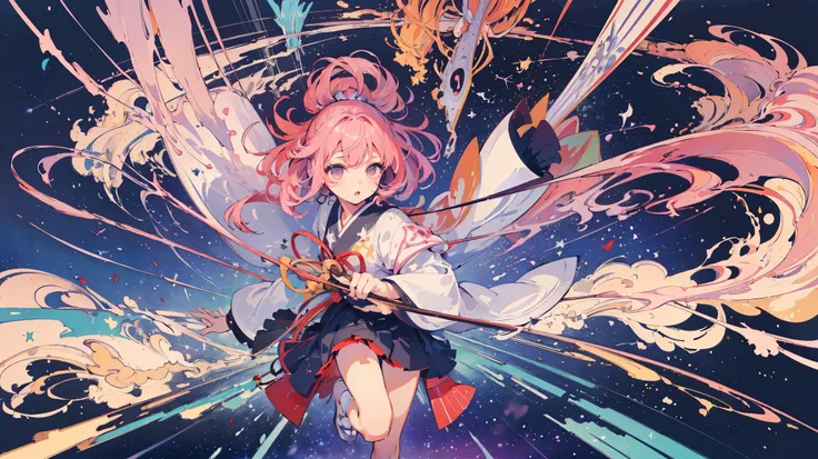 (masterpiece、Highest quality、Official Art:1.2)、Look at the viewers、(Girl in kimono))、（Jumper skirt）（Pink Hair）（Panty shot），Star Island、water fragments scatter、（mercury group），Colorful floating starry sky、(2D:1.5)