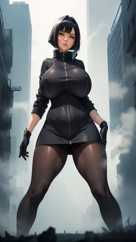 city, fog, ((huge boobs)), ((huge hips)), darkness woman black hair, full zip coat black, long polo shirt, mini skirt, pantyhose, hood, gloves, fog, strong stance, sweaty glow body