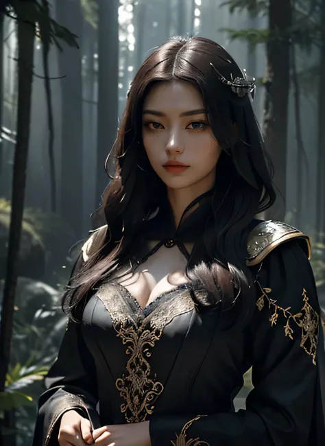 A majestic woman, radiating strength and elegance, stands confidently in the heart of a mystical forest. Clad in black silk pajamas adorned with intricate embroidery, she grips a towering great sword, its metallic blade gleaming ominously under the masterf...