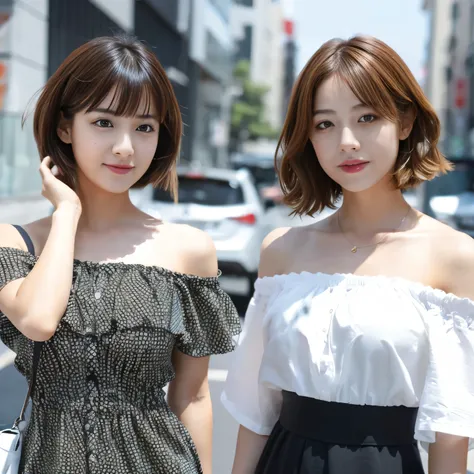 ((masterpiece))、Highest quality、High resolution、8K、A photo of three girls with different personalities together:1.745、They each have a different style of sexy off-the-shoulder shirt.、She is wearing a short dress that reveals her chest.、One of them has a ve...