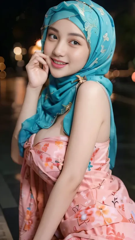 cute arabian girl in hijab wearing patung dress with seducing pose, big smile, laughing, happy, big front teeth, bustling nightt...