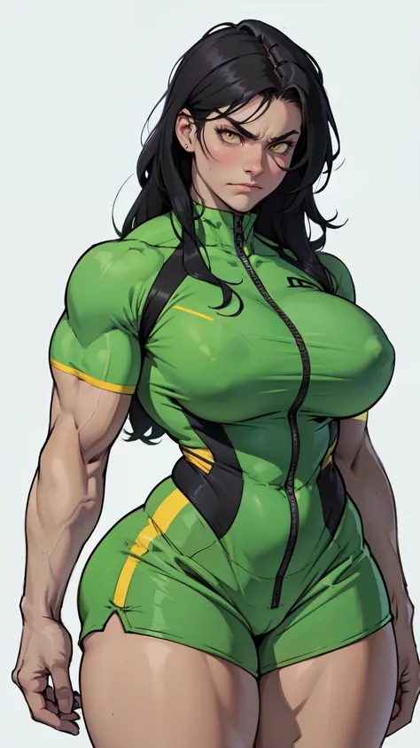 girl ((1girl)) pale skin (muscular) toned body thick thighs black hair yellow eyes long hair (grey background) bodybuilder frowning (tight romper) massive breasts thick thick thick thick thick