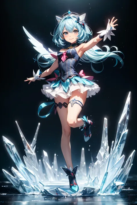 full body view, magical girl, ice, blue hair, short dress, cute, smiling, flying, magical powers, magical aura, (masterpiece), best quality, expressive eyes, perfect face, anime figure, figma