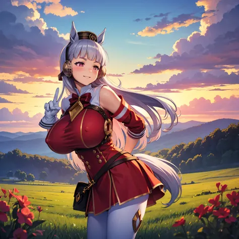 Dark color depiction、(masterpiece, Highest quality:1.2), alone, One girl, umpd gold ship, pillbox hat,Red dress,No sleeve, White Pantyhose, White gloves、boots, Horse tail,、grassland、Nature、blush、smile、Feel the wind、summer、Sunset、Cowboy Shot、(Huge breasts:1...