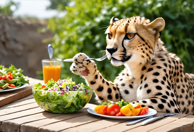 realistic photos, raw photos, herbivorous cheetah, eat vegetable salad, cheetah eating with knife and fork,