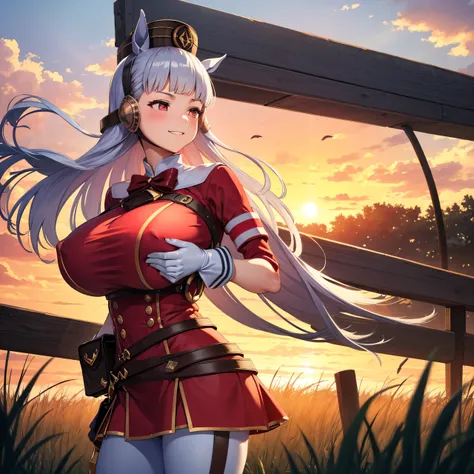 Dark color depiction、(masterpiece, Highest quality:1.2), alone, One girl, umpd gold ship, pillbox hat,Red dress,No sleeve, White Pantyhose, White gloves、boots, Horse tail,、grassland、Nature、blush、smile、Feel the wind、summer、Sunset、Cowboy Shot、(Huge breasts:1...