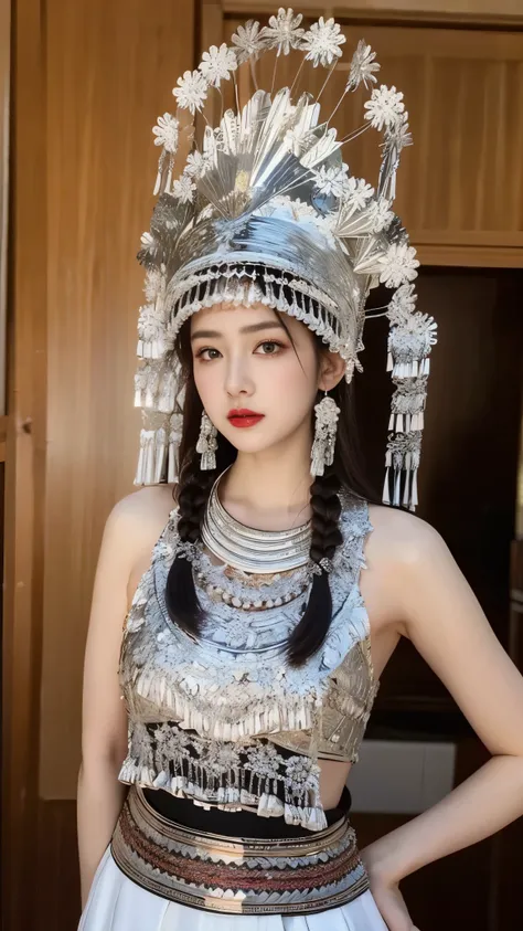 （8K，best quality，masterpiece：1.2），Ultra-high detail，Professional lighting，best quality，Ultra-high resolution，Visually stunning，（1 girl：1.1），（Hmong costumes、headgear），Real human skin，（Perfect body 1.3）Super delicate face。