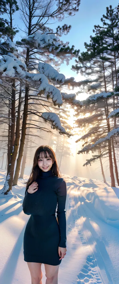 (Highest quality、masterpiece、8K、Best image quality、Hyperrealism、Award-winning works)、1 Girl、(17-year-old girl:1.1)、(alone:1.1)、(1 photo:1.1)、(The perfect tight turtleneck knit sweater dress:1.1)、(Standing Elegantly:1.1)、(In a mysterious snowy forest:1.1)、(...